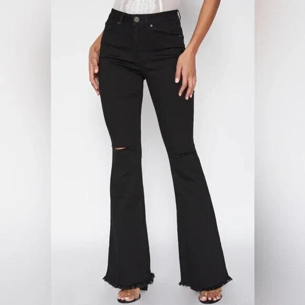 YMI Black Distressed Flare Jeans Sz 5 27 Tall 33" Inseam Frayed Hem High-rise